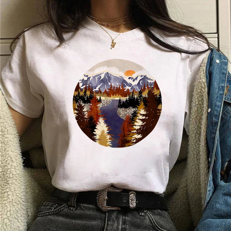Maycaur Women Graphic Forest Mountain T Shirts Casual 90s Ulzzang Summer Printing Lady Clothes Tops Tees Print Female Tshirts