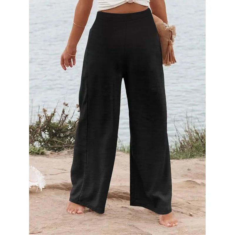 2025 Casual Chic Wide Leg Trousers Women Elastic Waist Stretchy Slimming Black Office Party Daily 