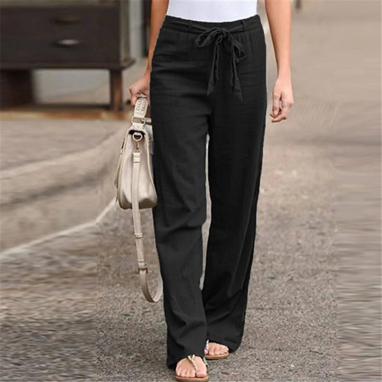 Loose Pants Hot Sal Drawstring Waist Trousers Bestseller Casual Wide Leg Bottoms New Arrival Solid Color Cotton Linen Wide T1