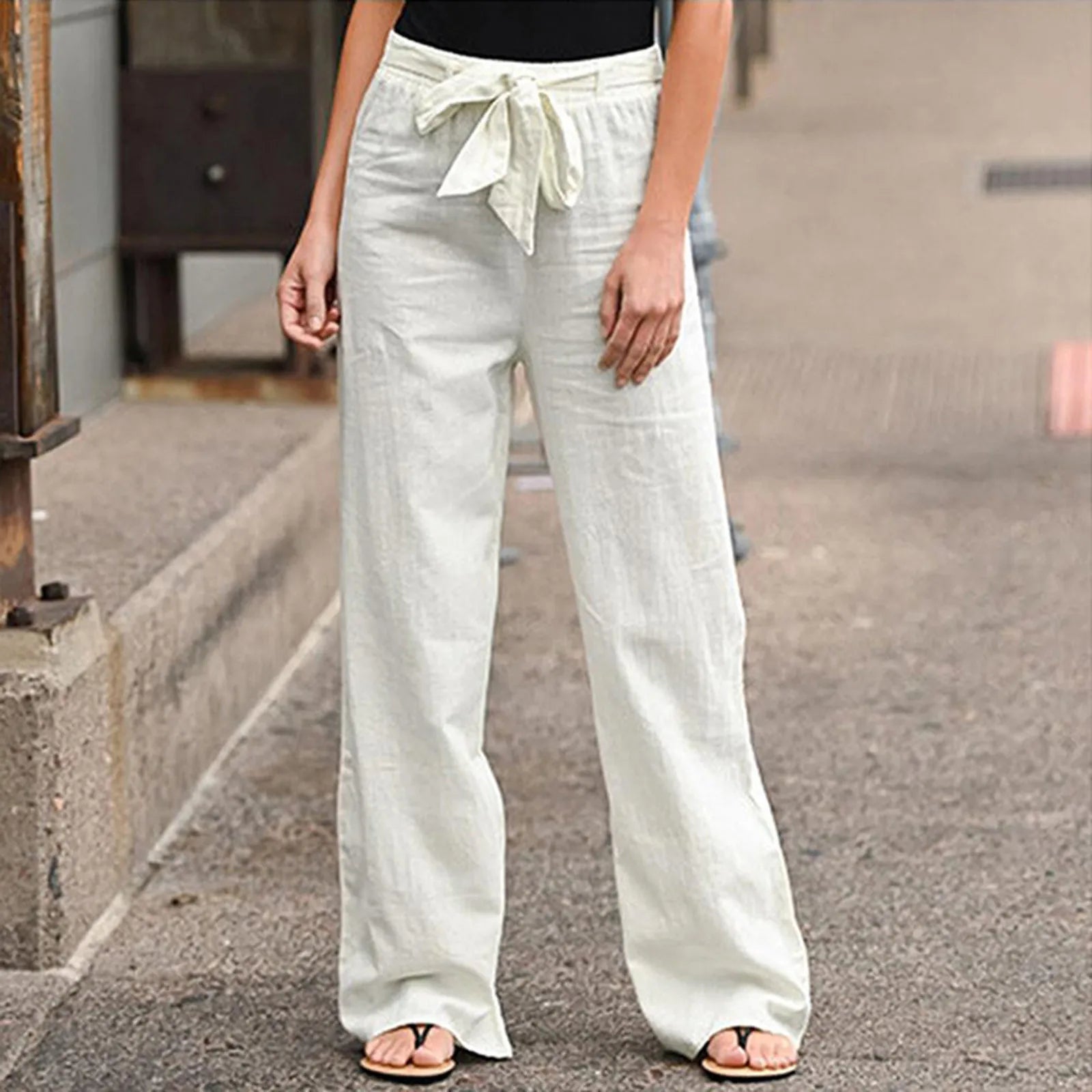 Loose Pants Hot Sal Drawstring Waist Trousers Bestseller Casual Wide Leg Bottoms New Arrival Solid Color Cotton Linen Wide T1