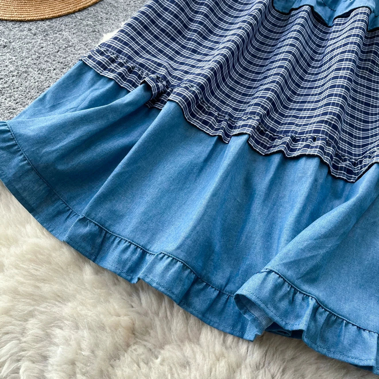 Karofi Tencel Cotton Patchwork Denim Skirt Women Elastic Waist Plaid Ruffle Midi Long Skirt Casual Vintage A Line Skirts