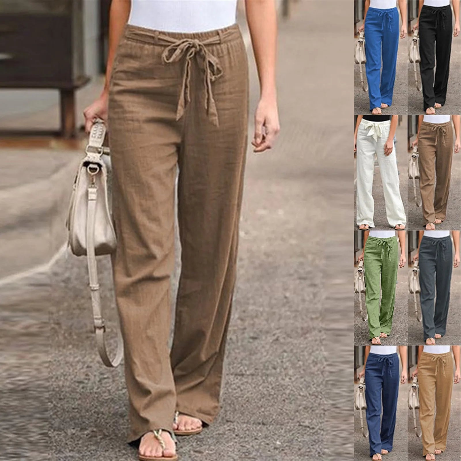 Loose Pants Hot Sal Drawstring Waist Trousers Bestseller Casual Wide Leg Bottoms New Arrival Solid Color Cotton Linen Wide T1