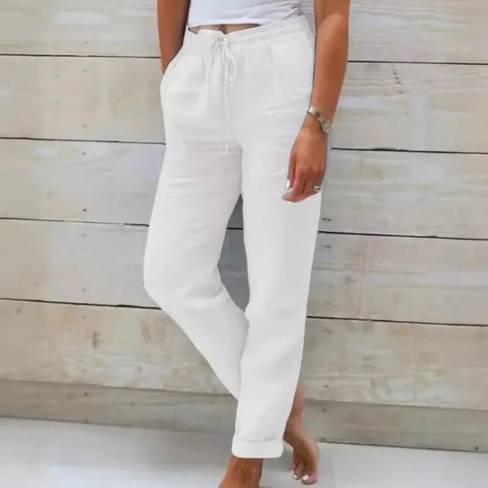 Women Summer Autumn Breathable Cotton Linen Trendy Pants Elastic Waist  Straight Leg Solid Color Female Casual Baggy Trousers