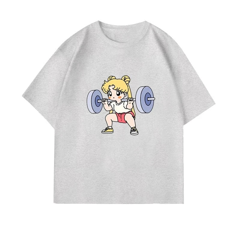 Sailor Moon Lifting Iron Fitness Women's T-Shirt Cotton Girl Children Parent-Child Summer Loose Cute Sweet Fun Short Sleeves Top