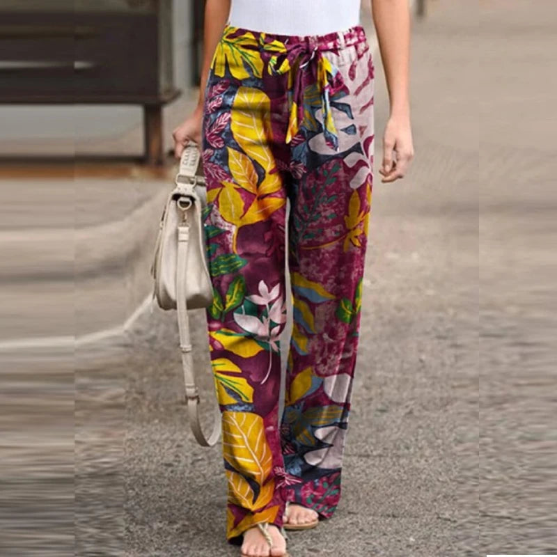 Vintage Women Drawstring Trousers Spring Autumn Fashion Floral Printed Wide Leg Pants Ladies Casual Loose Long Pantalones