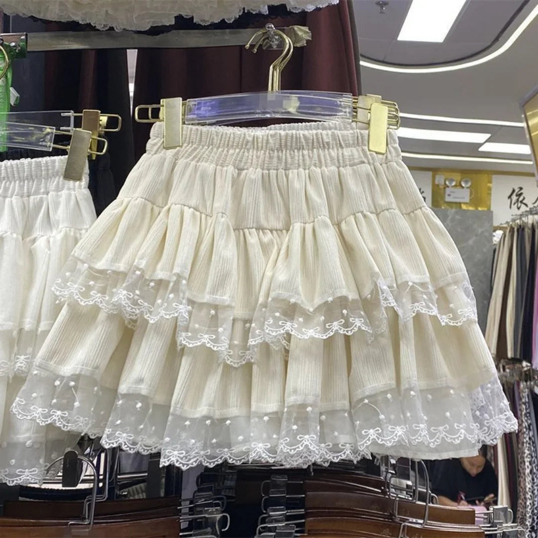 Japanese Y2k Cute Ruffled Plaid Skirt Subculture White Lace Cak...