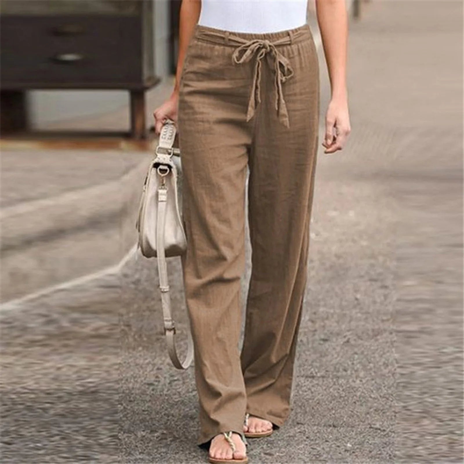 Loose Pants Hot Sal Drawstring Waist Trousers Bestseller Casual Wide Leg Bottoms New Arrival Solid Color Cotton Linen Wide T1