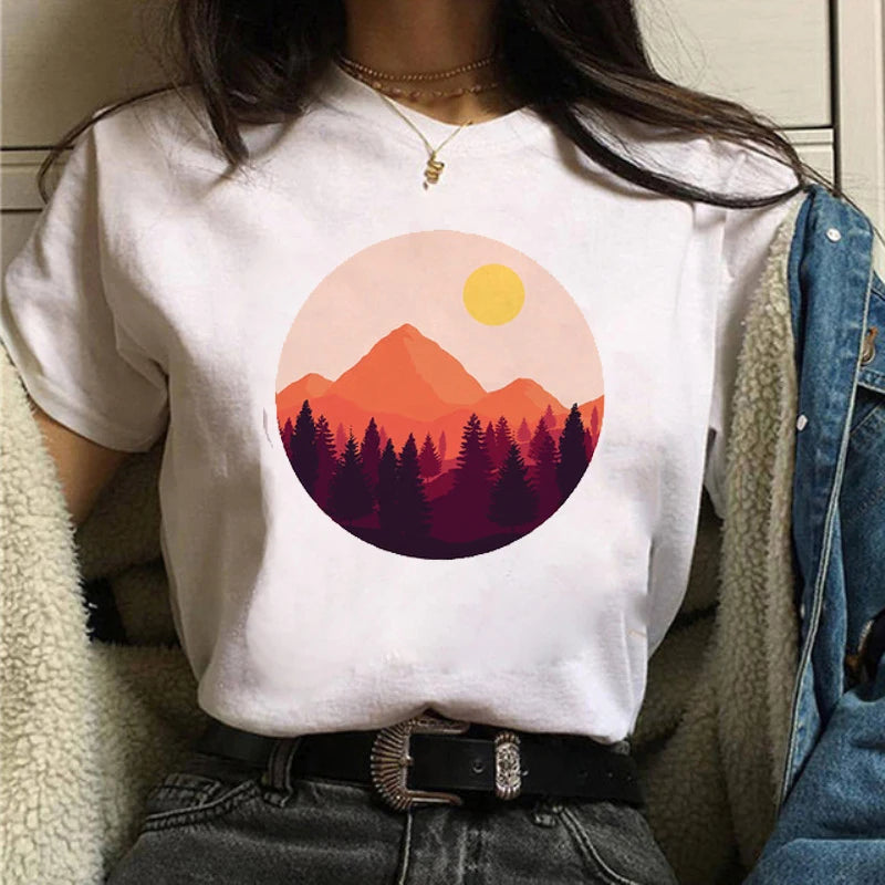 Maycaur Women Graphic Forest Mountain T Shirts Casual 90s Ulzzang Summer Printing Lady Clothes Tops Tees Print Female Tshirts