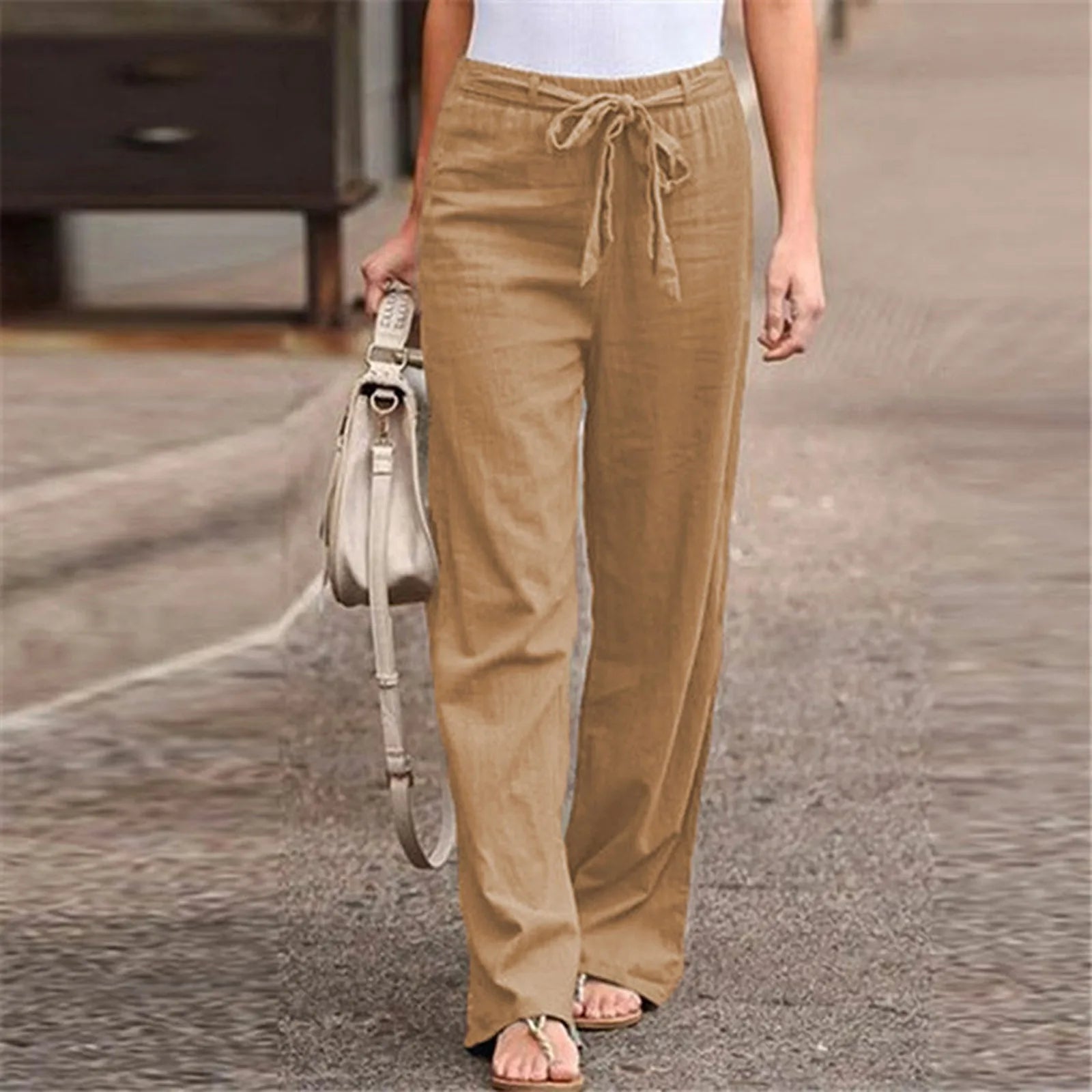 Loose Pants Hot Sal Drawstring Waist Trousers Bestseller Casual Wide Leg Bottoms New Arrival Solid Color Cotton Linen Wide T1