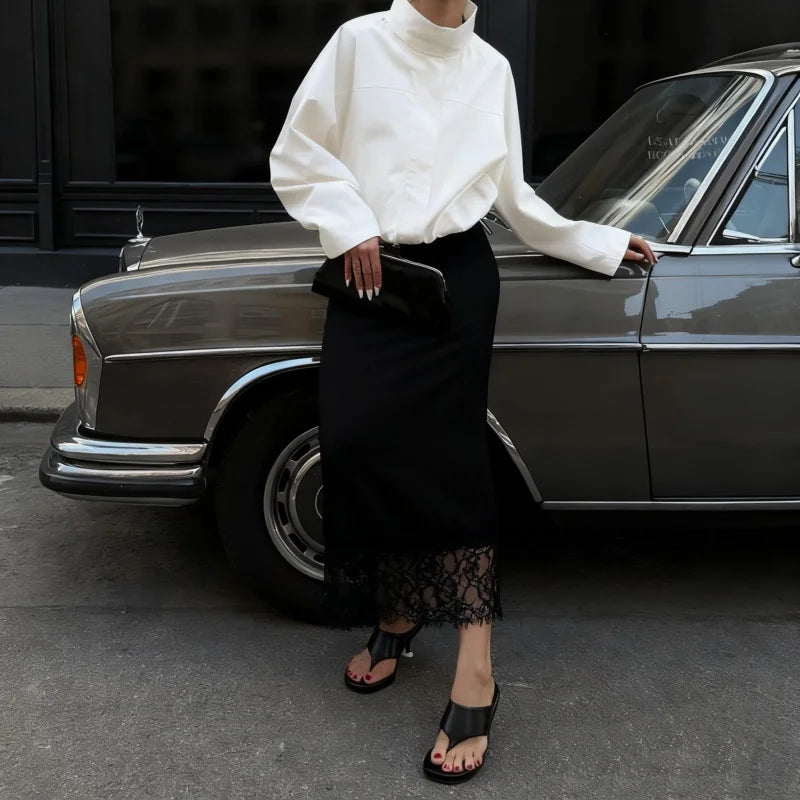 Women Silk Satin Half Slip Long Skirts Lace Patchwork Elastic Waist Long Skirt Elegant Silky Flowy A Line Midi Skirts