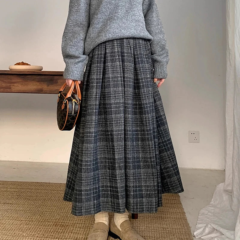 Vintage Women Long Plaid Thick Pleated Faux Woolen Skirts For Ladies Autumn Winter A-Line Loose Casual High Waist Midi Skirt SK4