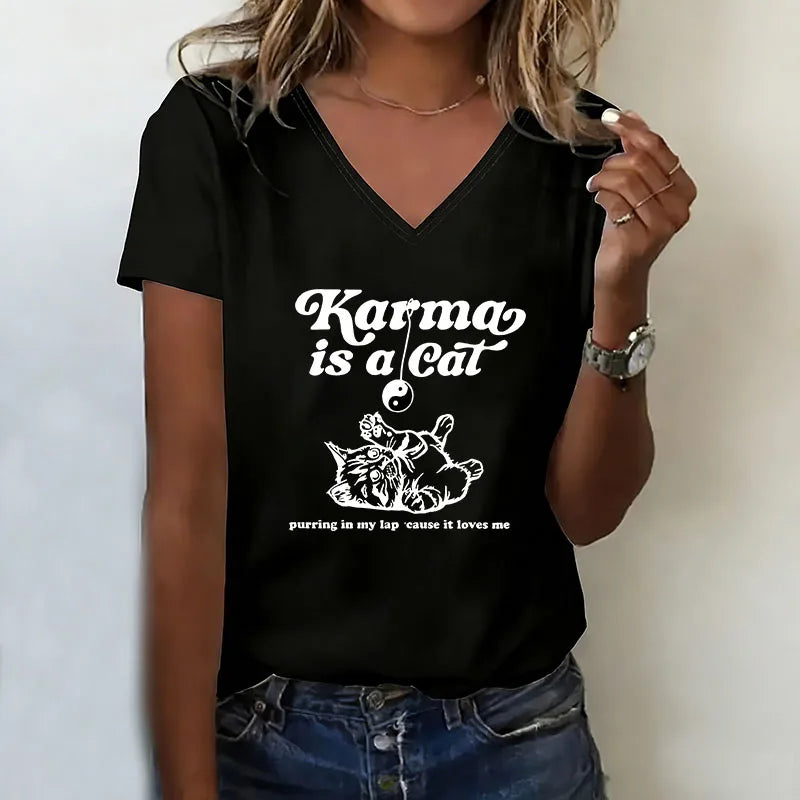 Funny Karma Is A Cat T-shirt V Neck Casual Fashion Cat  Printed T Shirts Women Short Sleeve Tee Shirt V-Neck Summer Spring