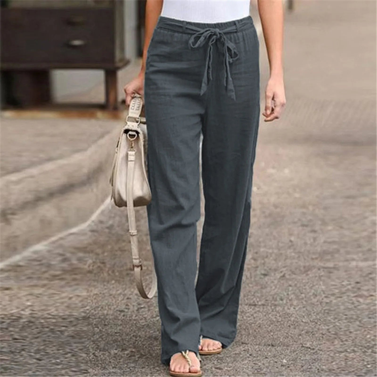 Loose Pants Hot Sal Drawstring Waist Trousers Bestseller Casual Wide Leg Bottoms New Arrival Solid Color Cotton Linen Wide T1