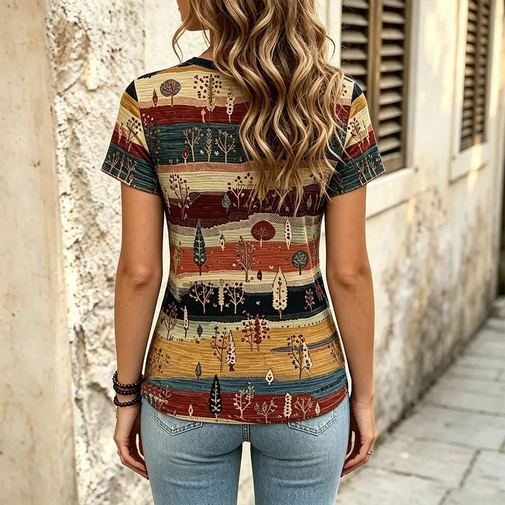 Bohemian-style Print Women's T-shirt Retro Ethnic Pattern V-neck Short Sleeve Tops Cozy Breathable Summer Vacation Casual Tee