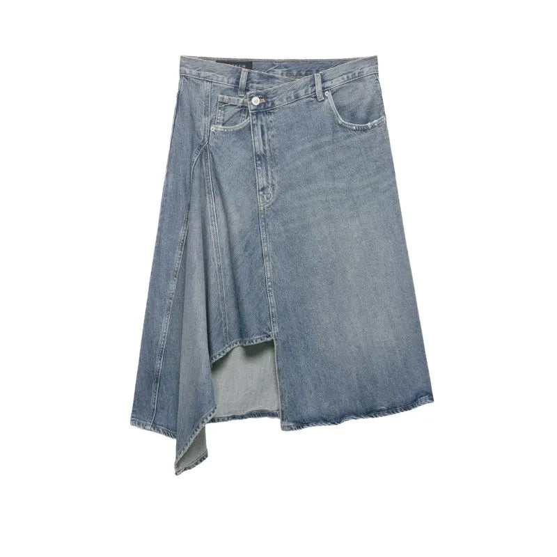 Women'sAsymmetric Denim Skirt New Spring Casual Mid Waist Pocke...