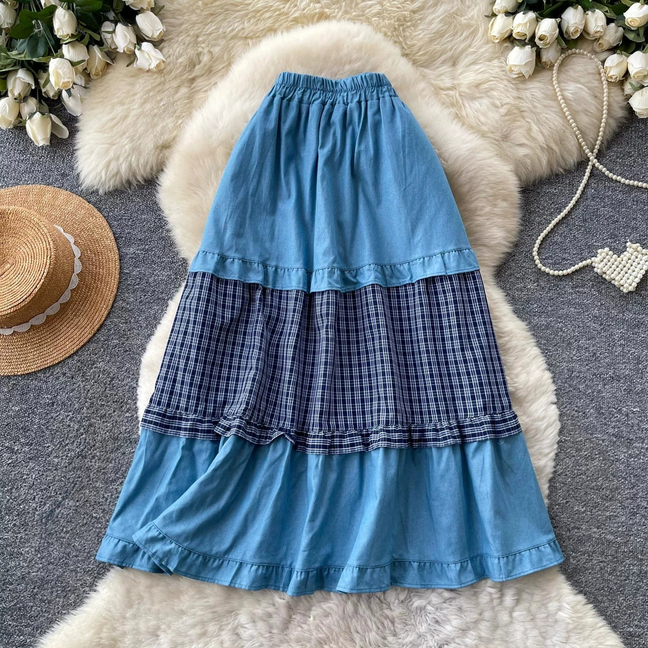 Karofi Tencel Cotton Patchwork Denim Skirt Women Elastic Waist Plaid Ruffle Midi Long Skirt Casual Vintage A Line Skirts