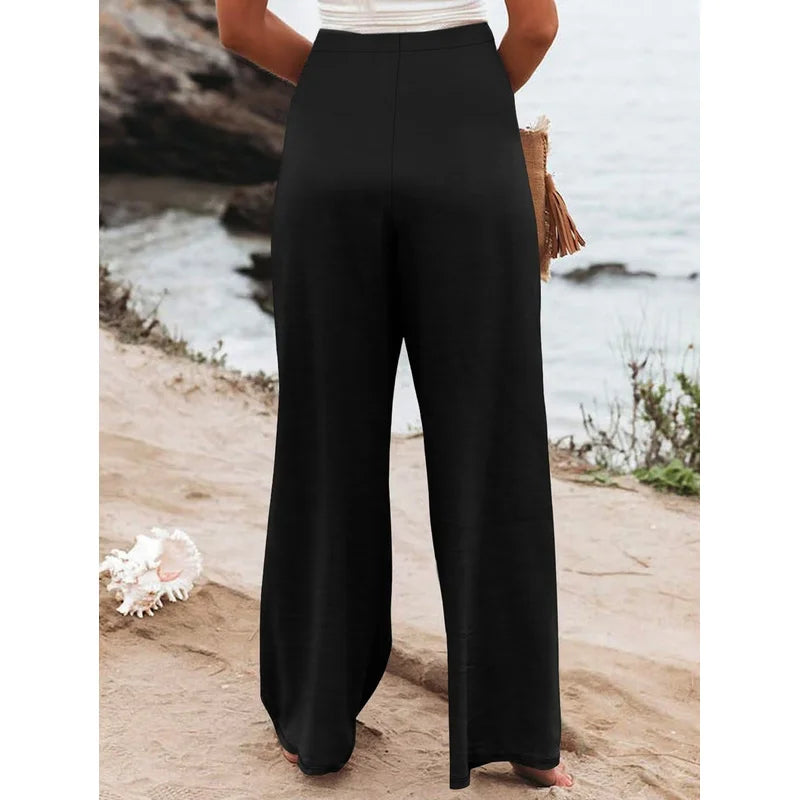 2025 Casual Chic Wide Leg Trousers Women Elastic Waist Stretchy Slimming Black Office Party Daily 