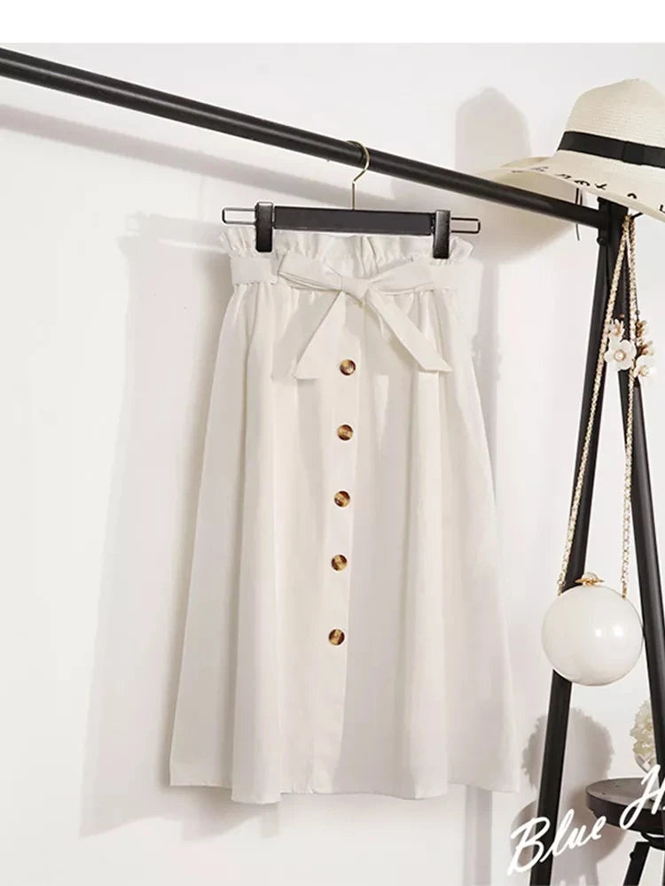 Summer Autumn Skirts Womens Midi Knee Length Korean Elegant Button High Waist Skirt Female Pleated School Skirt
