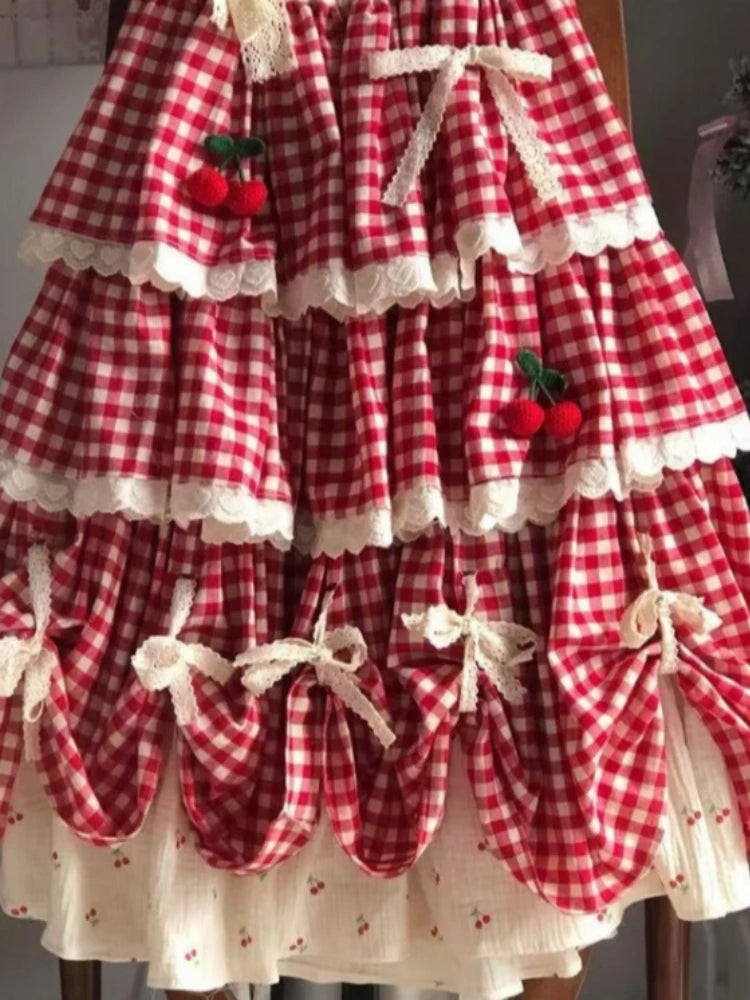 2026 New Sweet Lolita Plaid Layered Skirt Street Red White Gingham Cherry Bow Lace Ruffle Tiered High Waist A‑Line Midi Skirts