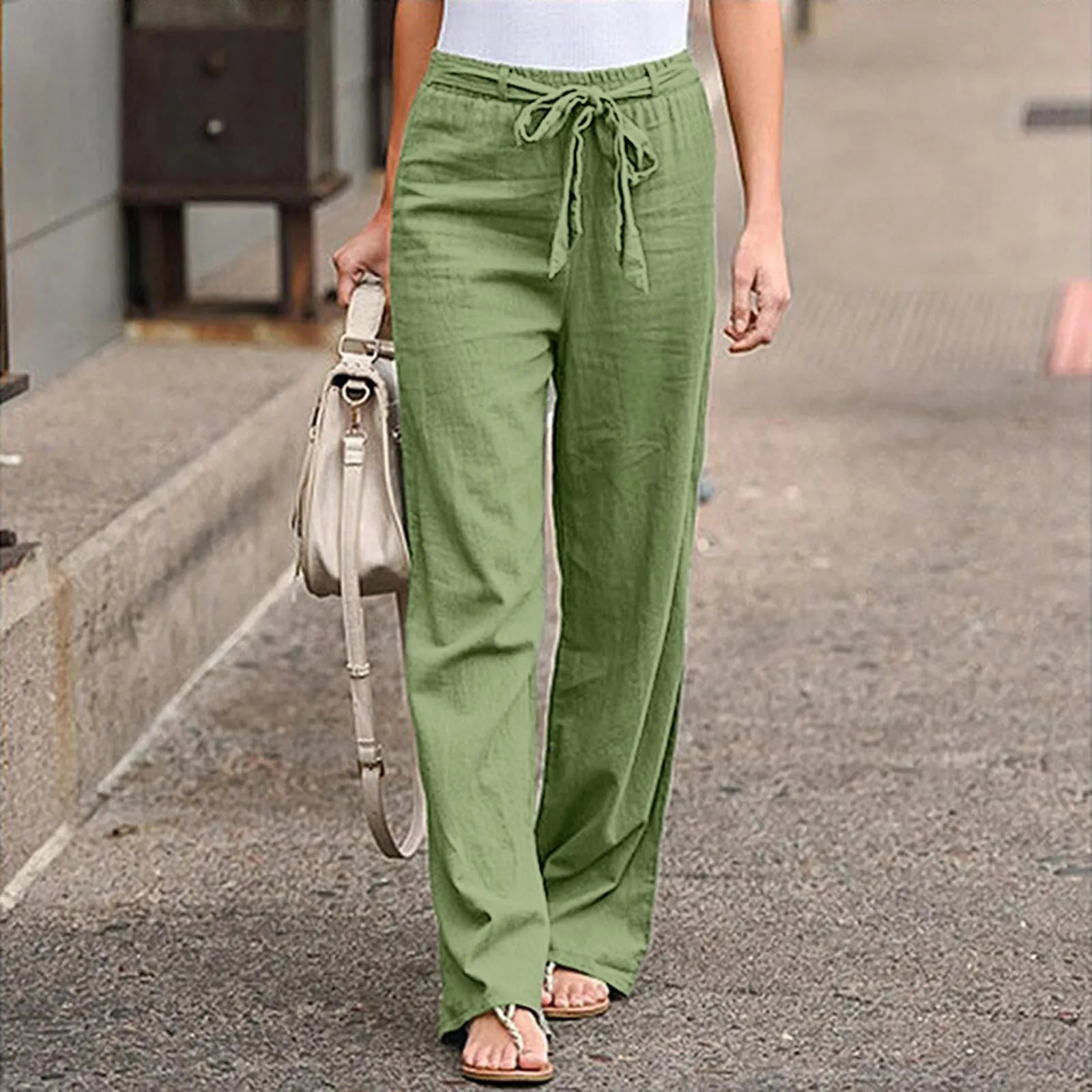 Loose Pants Hot Sal Drawstring Waist Trousers Bestseller Casual Wide Leg Bottoms New Arrival Solid Color Cotton Linen Wide T1