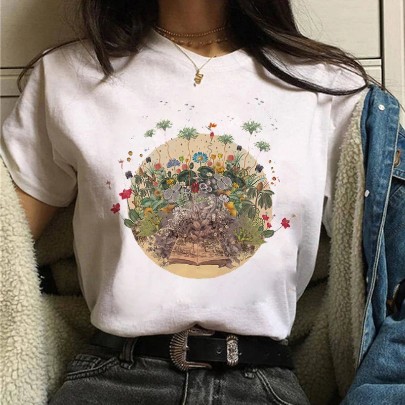 Maycaur Women Graphic Forest Mountain T Shirts Casual 90s Ulzzang Summer Printing Lady Clothes Tops Tees Print Female Tshirts