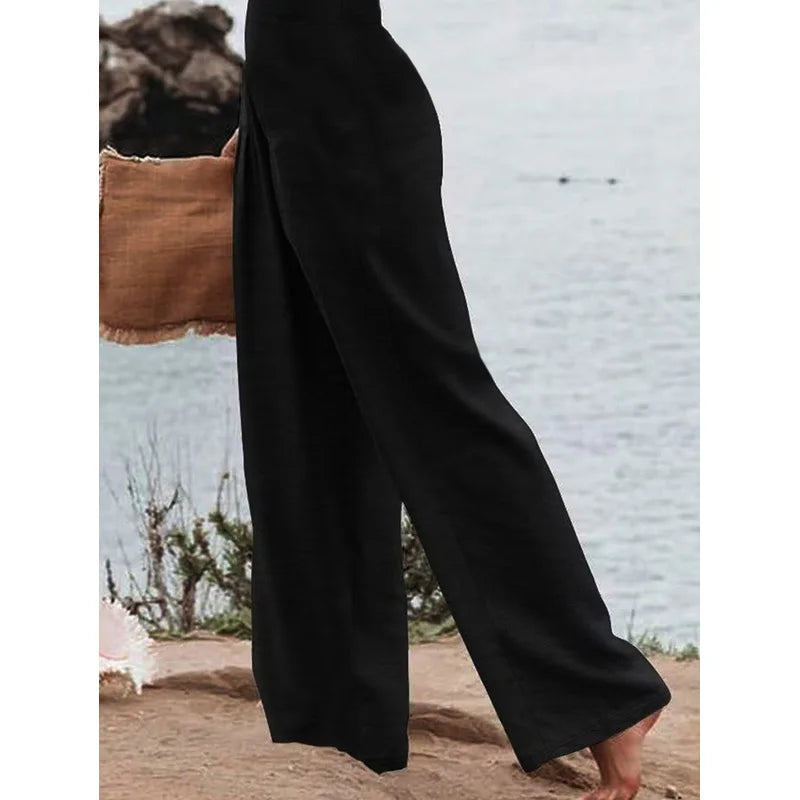 2025 Casual Chic Wide Leg Trousers Women Elastic Waist Stretchy Slimming Black Office Party Daily 