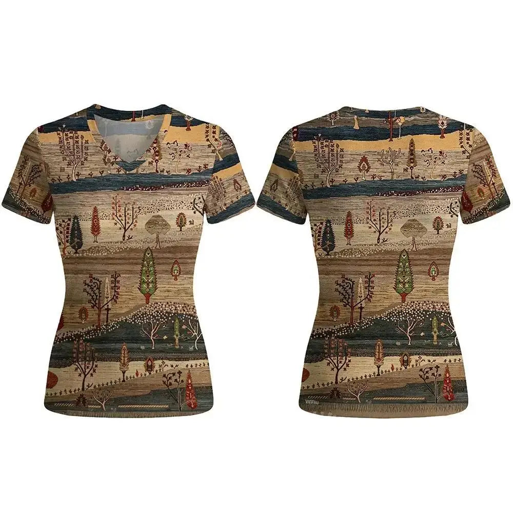 Bohemian-style Print Women's T-shirt Retro Ethnic Pattern V-neck Short Sleeve Tops Cozy Breathable Summer Vacation Casual Tee