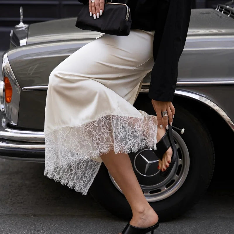 Women Silk Satin Half Slip Long Skirts Lace Patchwork Elastic Waist Long Skirt Elegant Silky Flowy A Line Midi Skirts