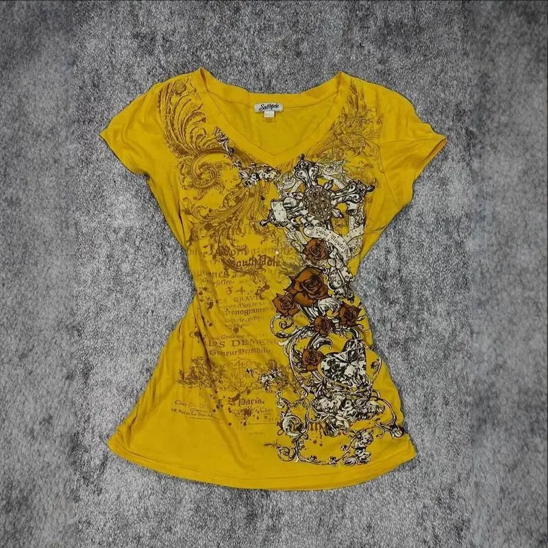 Women Vintage Letter Printed Graphic Tees Summer Harajuku Grunge Yellow Tops Y2k Aesthetic Casual Streetwear hottie T Shirts