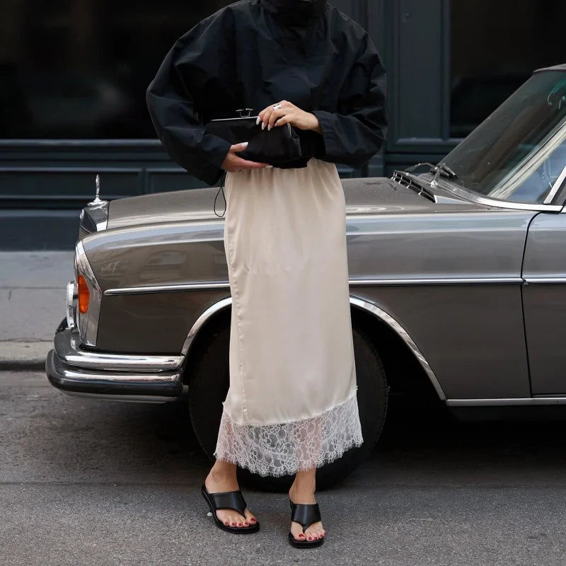 Women Silk Satin Half Slip Long Skirts Lace Patchwork Elastic Waist Long Skirt Elegant Silky Flowy A Line Midi Skirts
